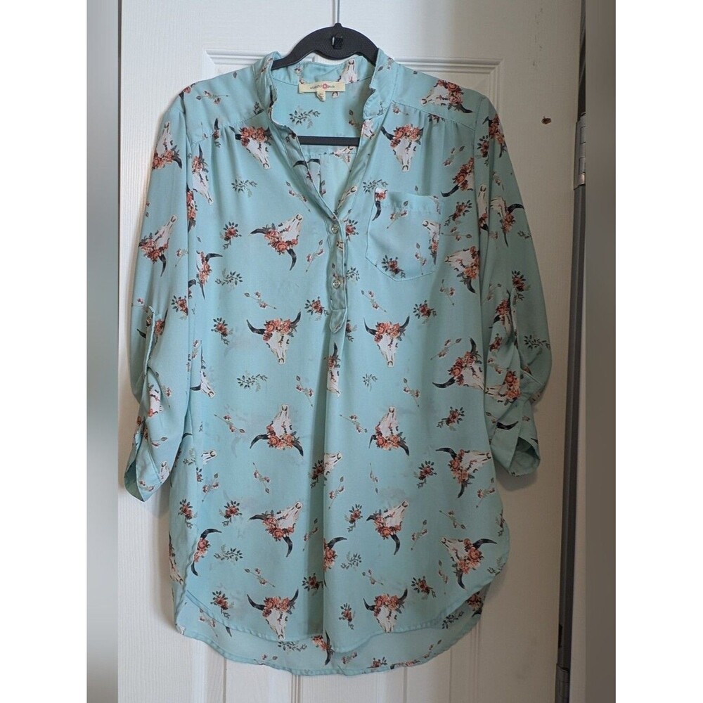 Wishful Park Seafoam Green Western Floral Steer Skull Blouse Size XL